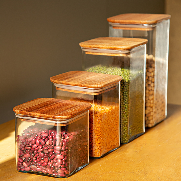 تصویر بانکه‌های حبوبات هرا چهارگوش درب چوبی از برند میس گلس